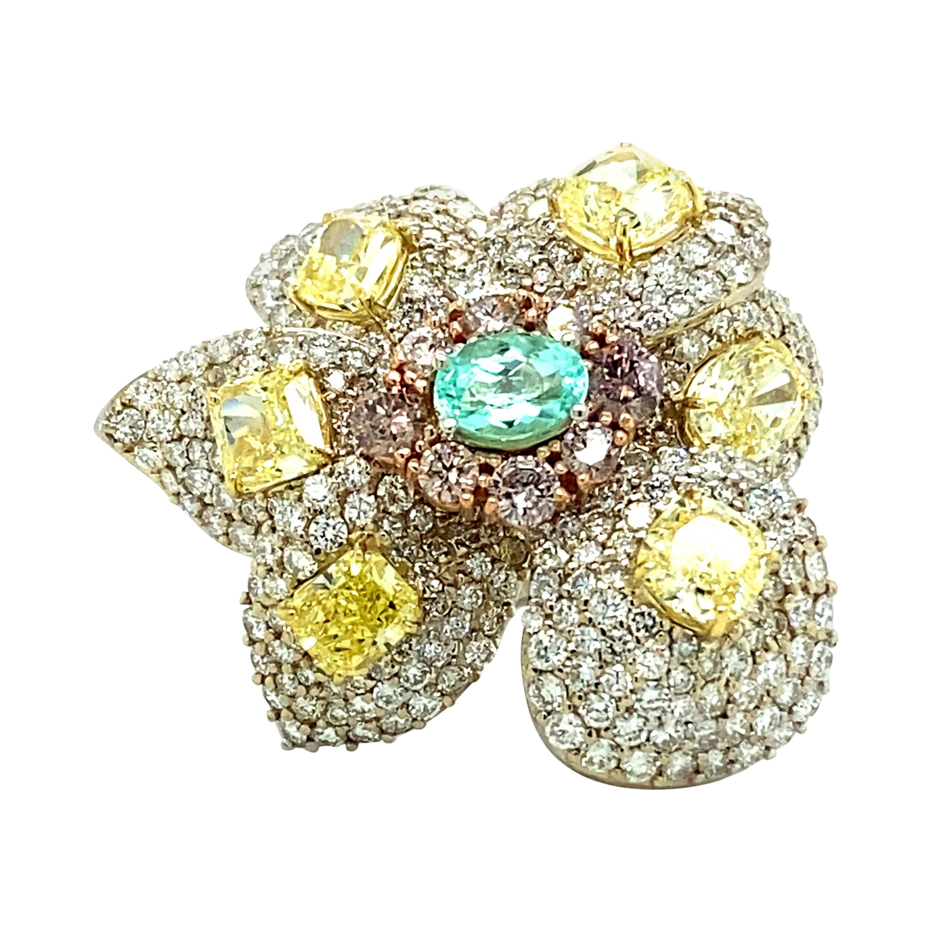 14.71 Ct Paraiba & Fancy Yellow Diamond GIA Flower Ring