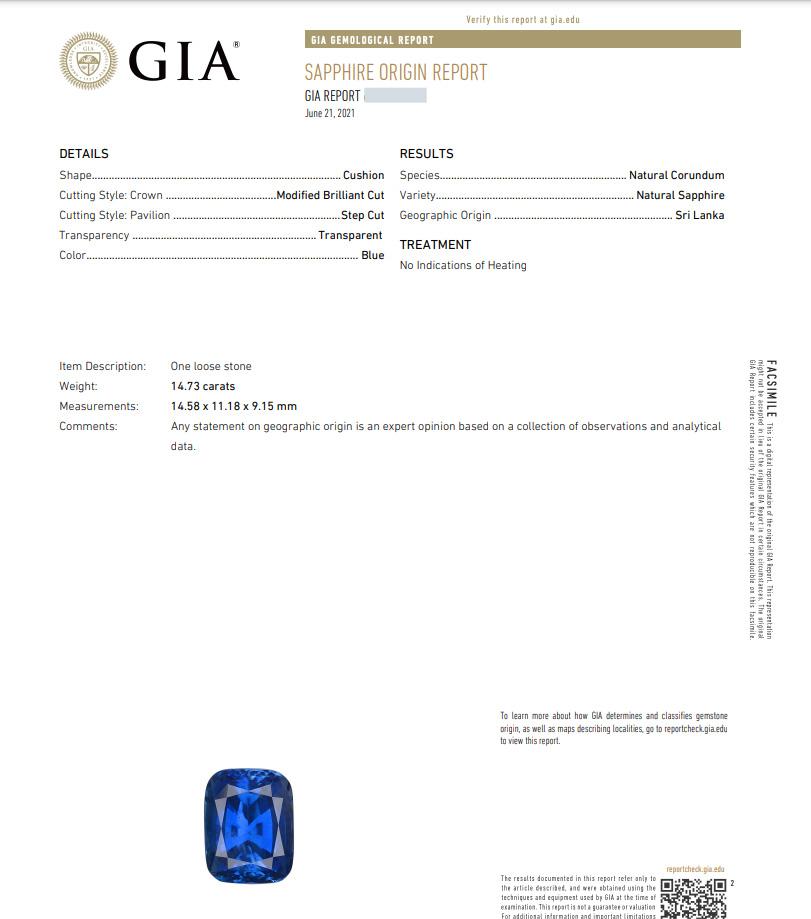 GIA Natural No Heat Ceylon Sapphire 14.73 Carat Diamond Ring in 18k White Gold

Sapphire and Diamond Ring features a large Cushion shaped Natural Sapphire surrounded by Round Brilliant Diamonds set in 18k White Gold. The sapphire originates from Sri