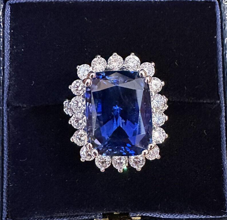 Cushion Cut GIA 14.73 Carat No Heat Ceylon Sapphire in Diamond Halo 18k White Gold Ring For Sale