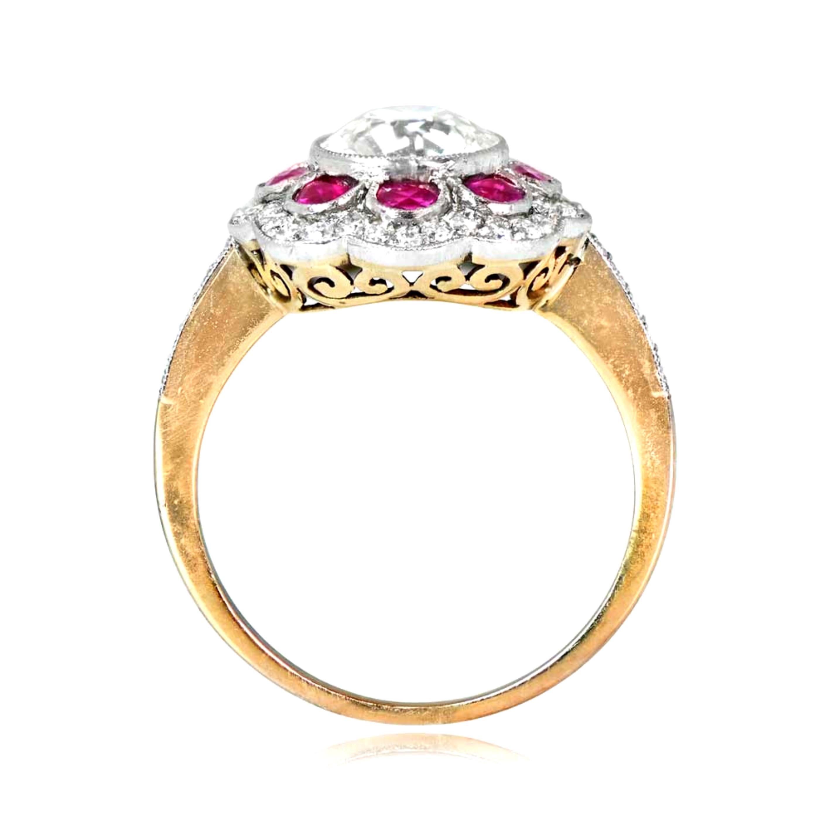 Vintage engagement ring with a 1.47 carat GIA-certified old European-cut diamond, L color and VS1 clarity, bezel set. Half moon-cut natural rubies (0.48 carats total weight) surround the center diamond, followed by a floral halo of old European cut