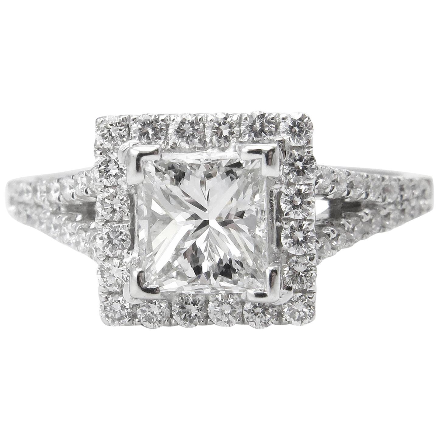 GIA 1.48 Carat Princess Diamond Engagement Wedding 18K White Gold Ring For Sale