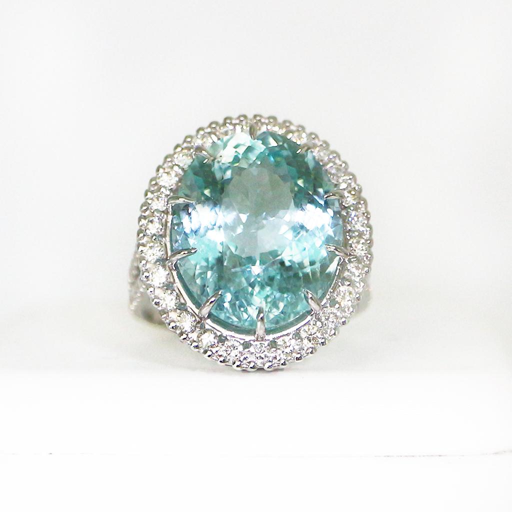 Contemporary GIA 14k 10.92 Carat Aquamarine&Diamonds Art Deco Style Engagement Ring For Sale