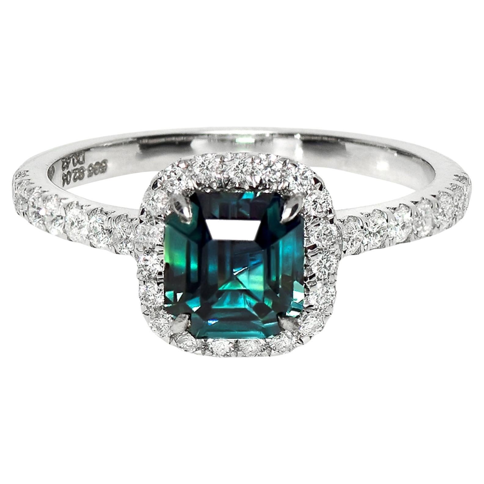 GIA 14K 2.04 Ct Australia Unheated Green Blue Sapphire&Diamonds Engagement Ring