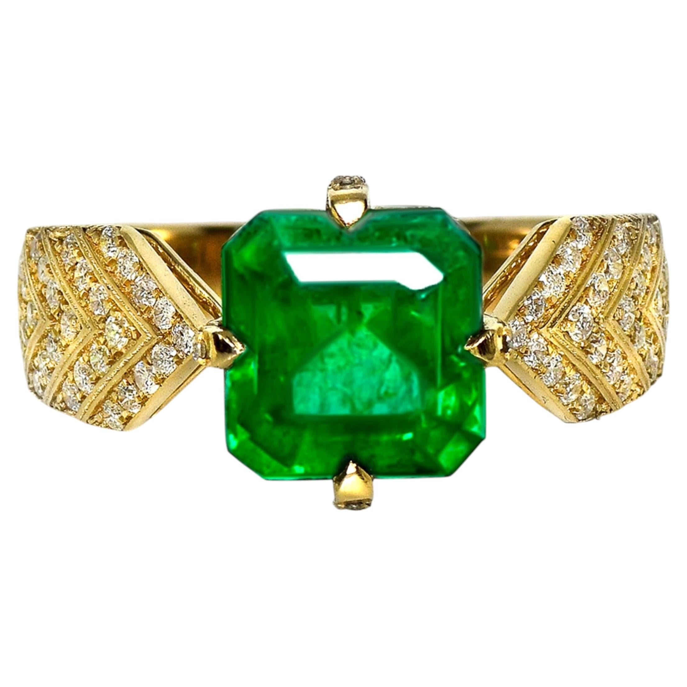 GIA 14K 2.54 Ct Natural Vivid Green Emerald&Diamonds Art Deco Engagement Ring