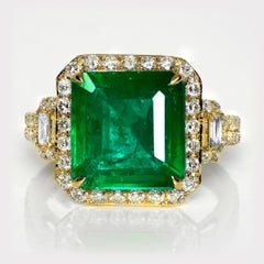 GIA 14K 5.02 Ct Natürlicher Vivid Green Emerald&Diamonds Art Deco Verlobungsring