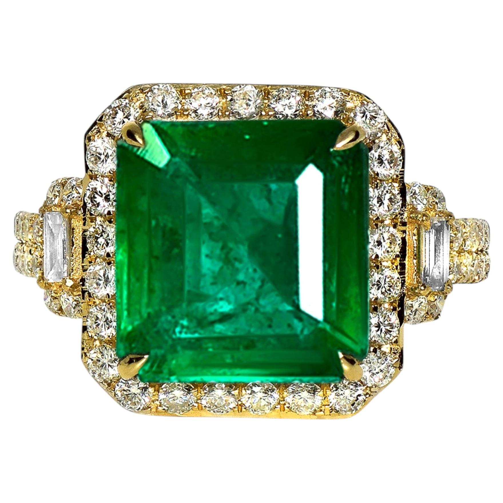GIA 14K 5.02 Ct Natural Vivid Green Emerald&Diamonds Art Deco Engagement Ring