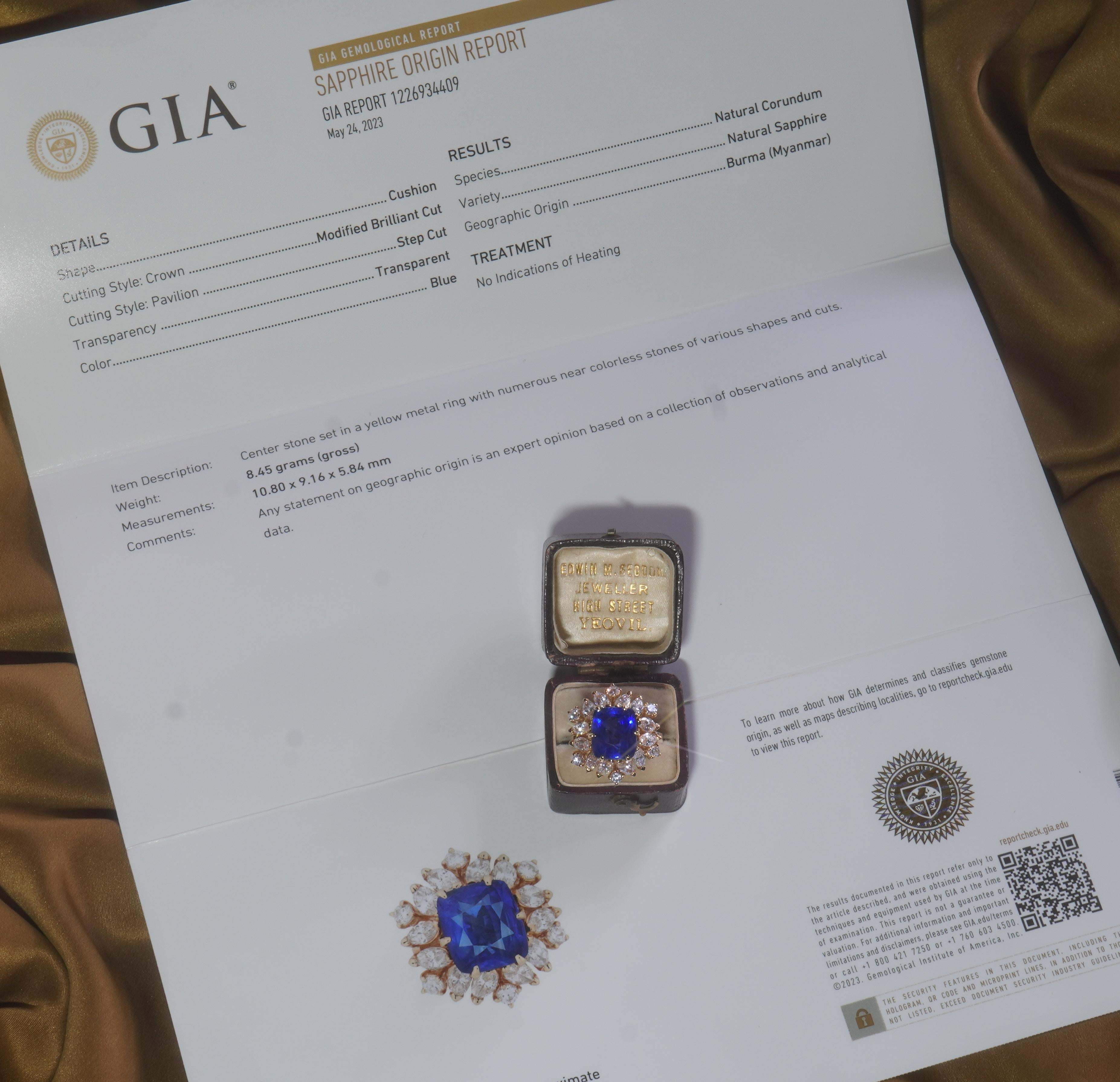 GIA Blue Sapphire Diamond Ring No Heat Burma 14K Royal VS Vintage Fine 9.19 Cts In Excellent Condition In Sylvania, GA