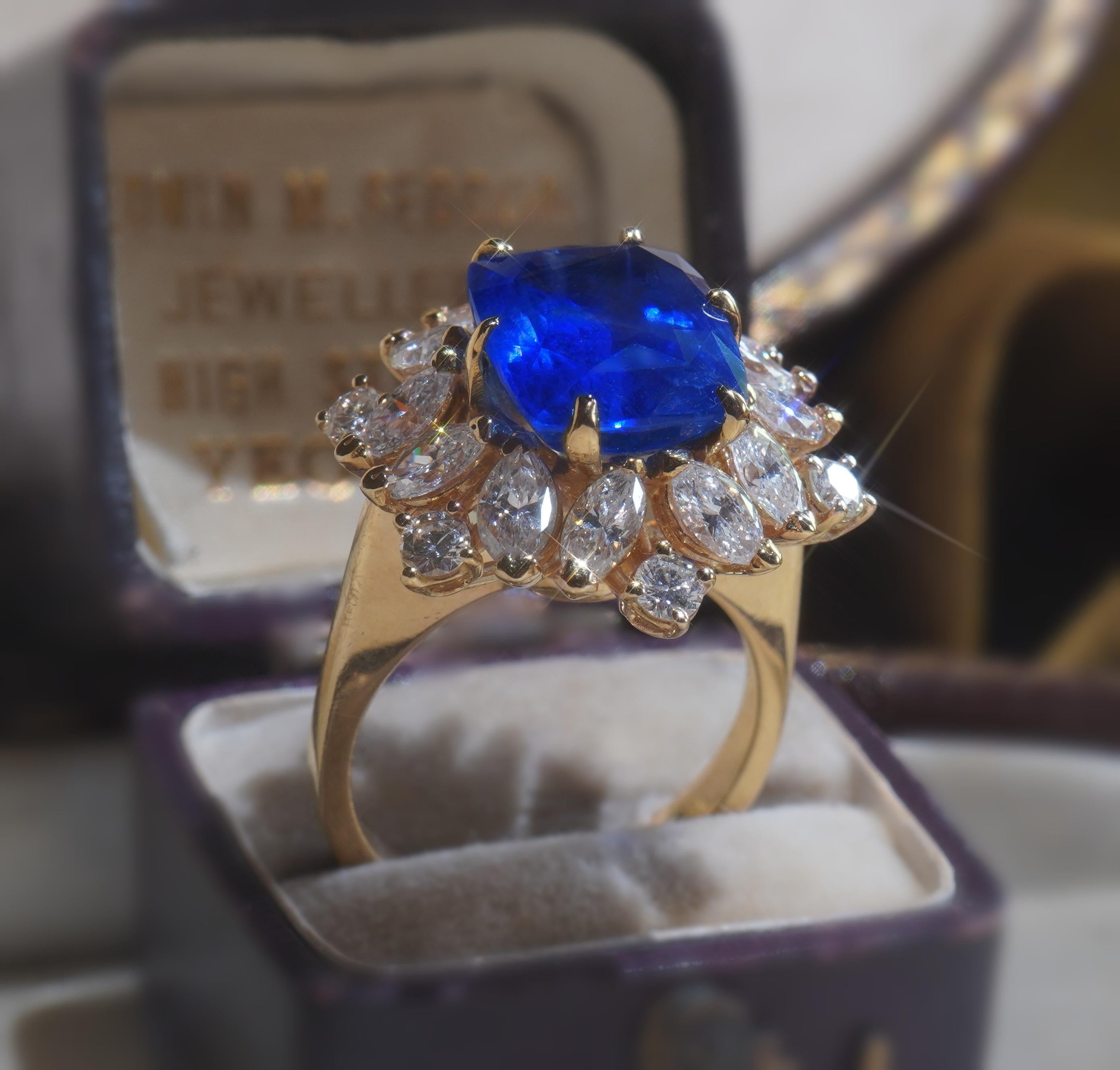 GIA Blue Sapphire Diamond Ring No Heat Burma 14K Royal VS Vintage Fine 9.19 Cts For Sale 4