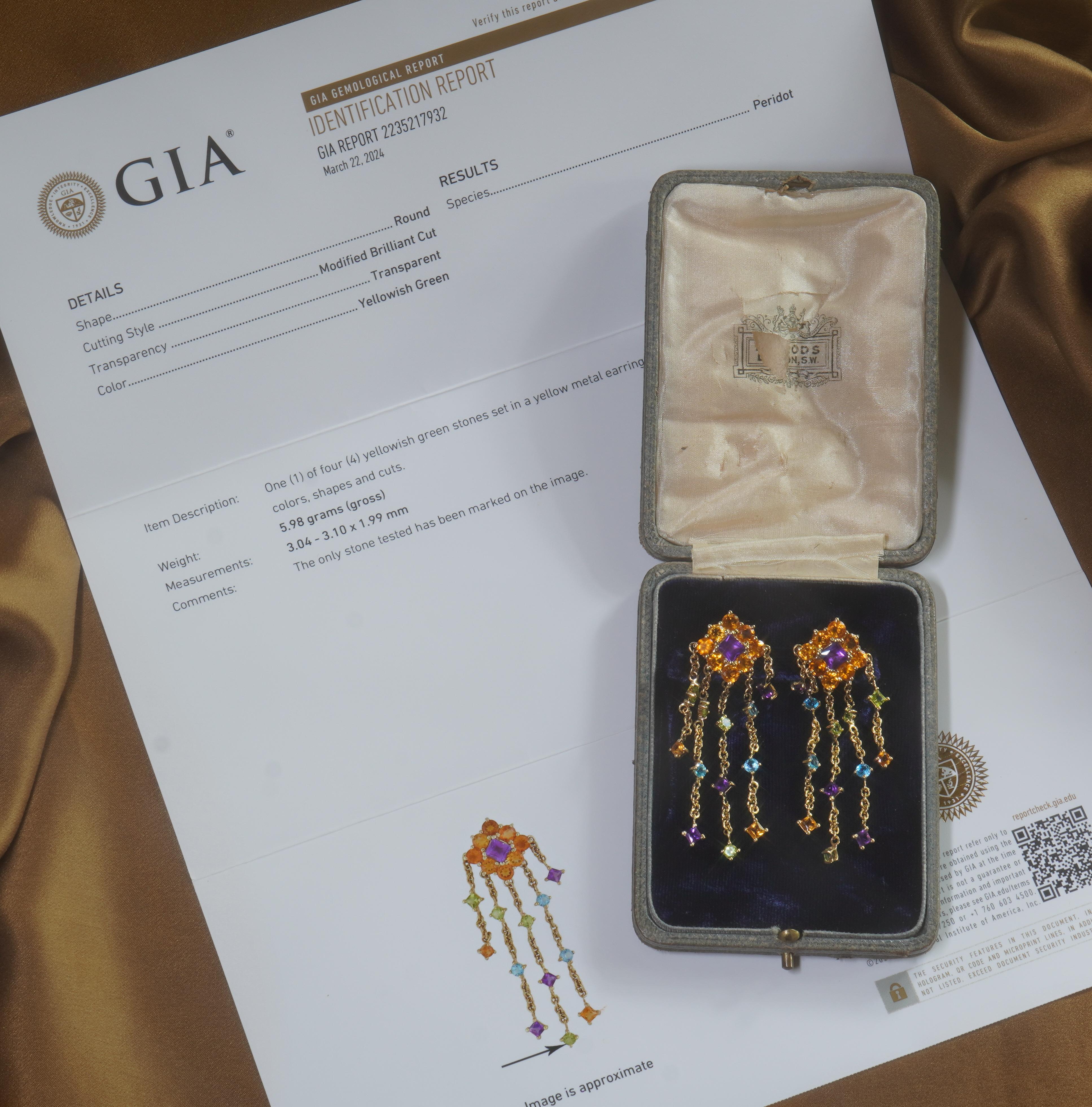 Princess Cut GIA 14K Earrings Amethyst Citrine Topaz Peridot Fine Vintage Gemstone 8.52 CTS For Sale