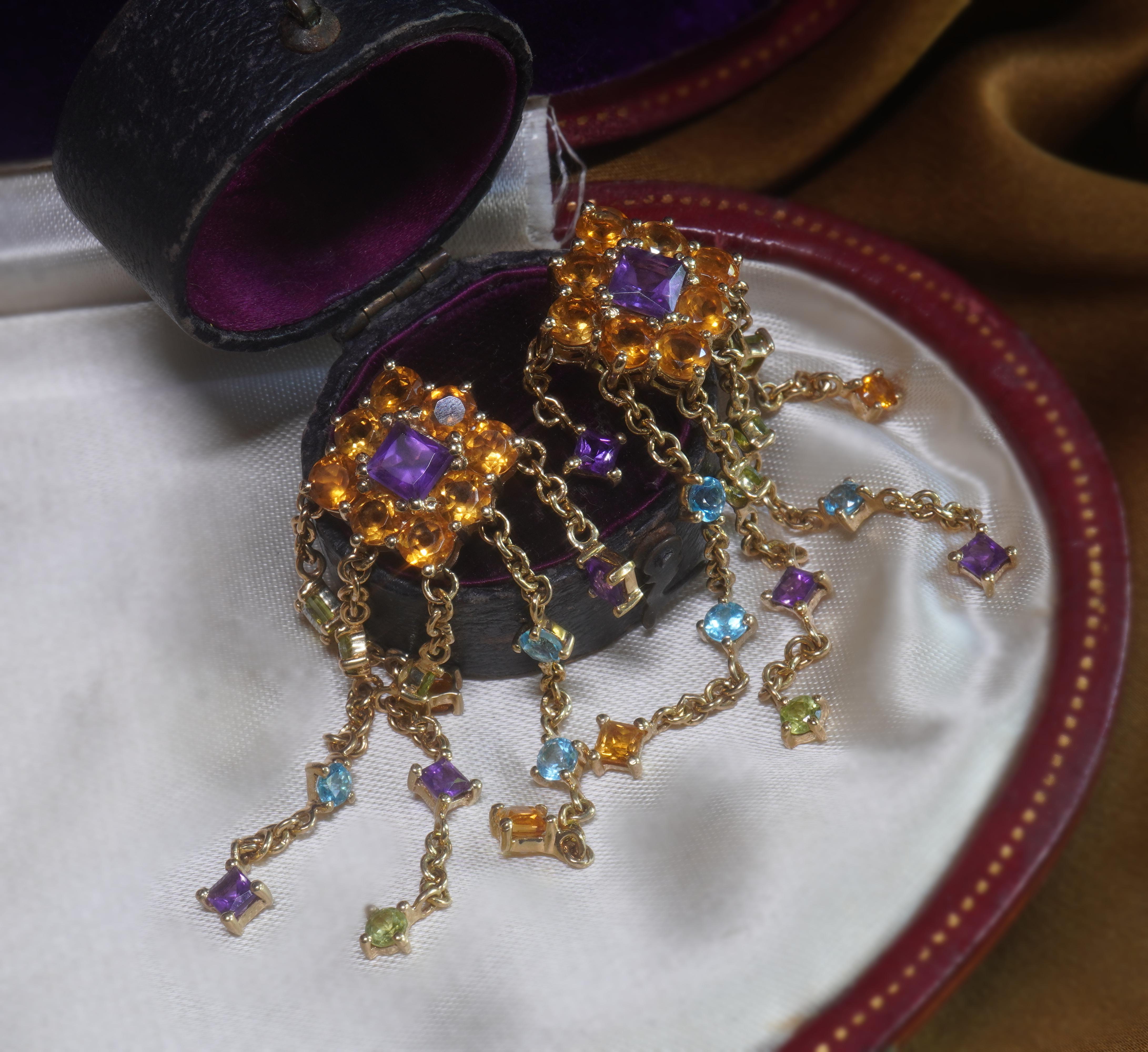 Women's GIA 14K Earrings Amethyst Citrine Topaz Peridot Fine Vintage Gemstone 8.52 CTS For Sale