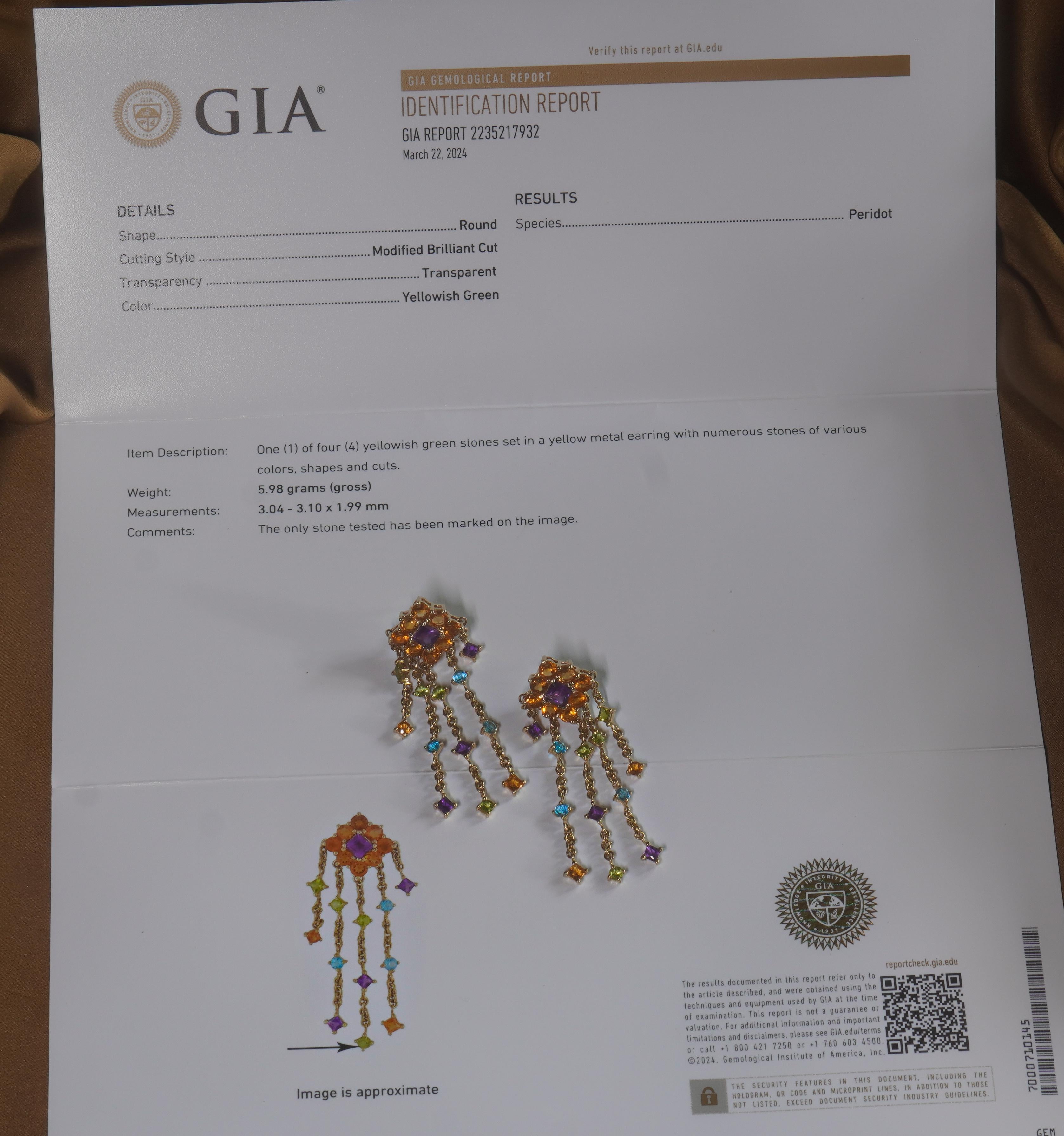 GIA 14K Earrings Amethyst Citrine Topaz Peridot Fine Vintage Gemstone 8.52 CTS For Sale 2