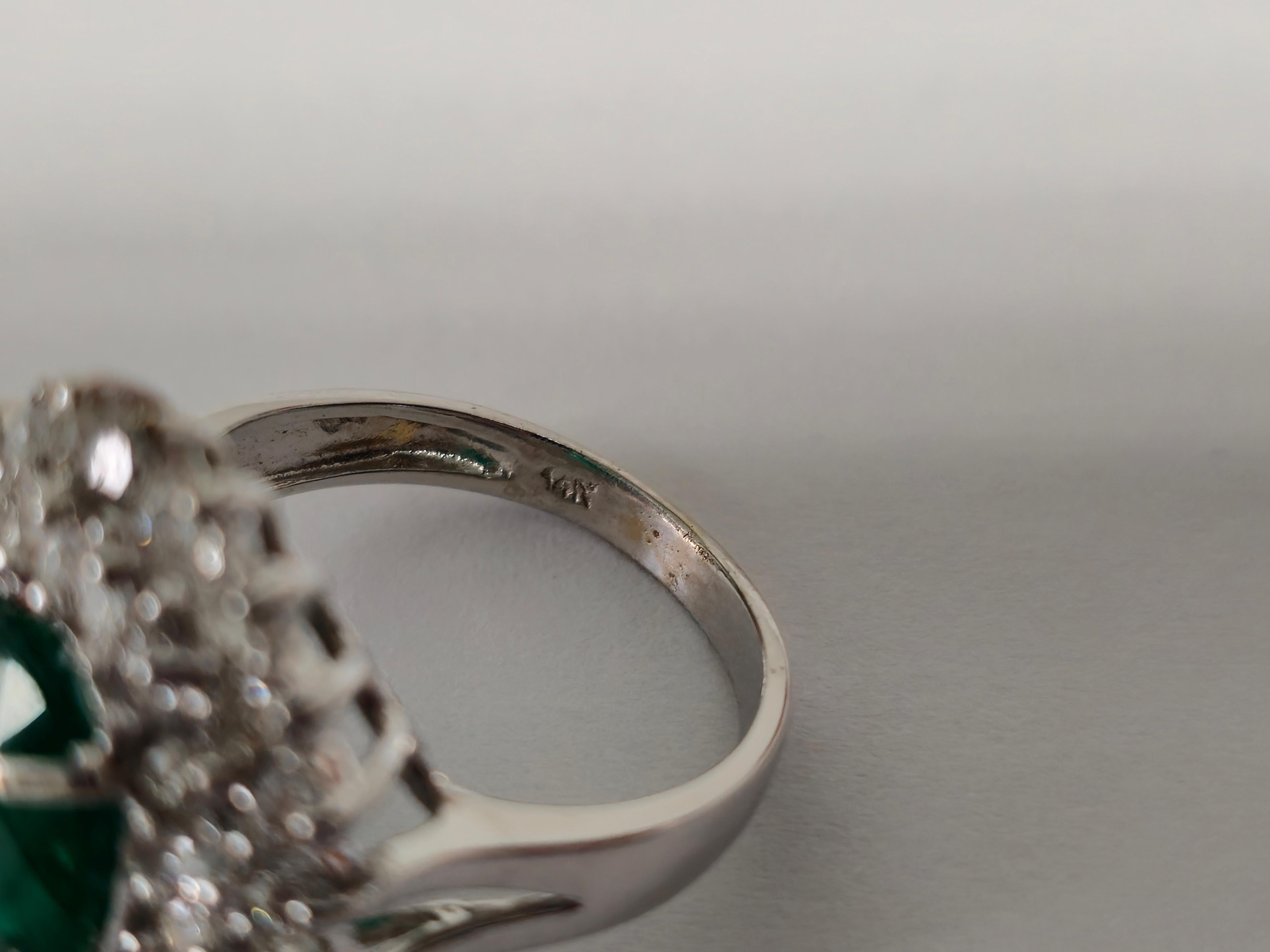 Medieval GIA 14K White Gold Emerald Diamond Cocktail Ring For Sale