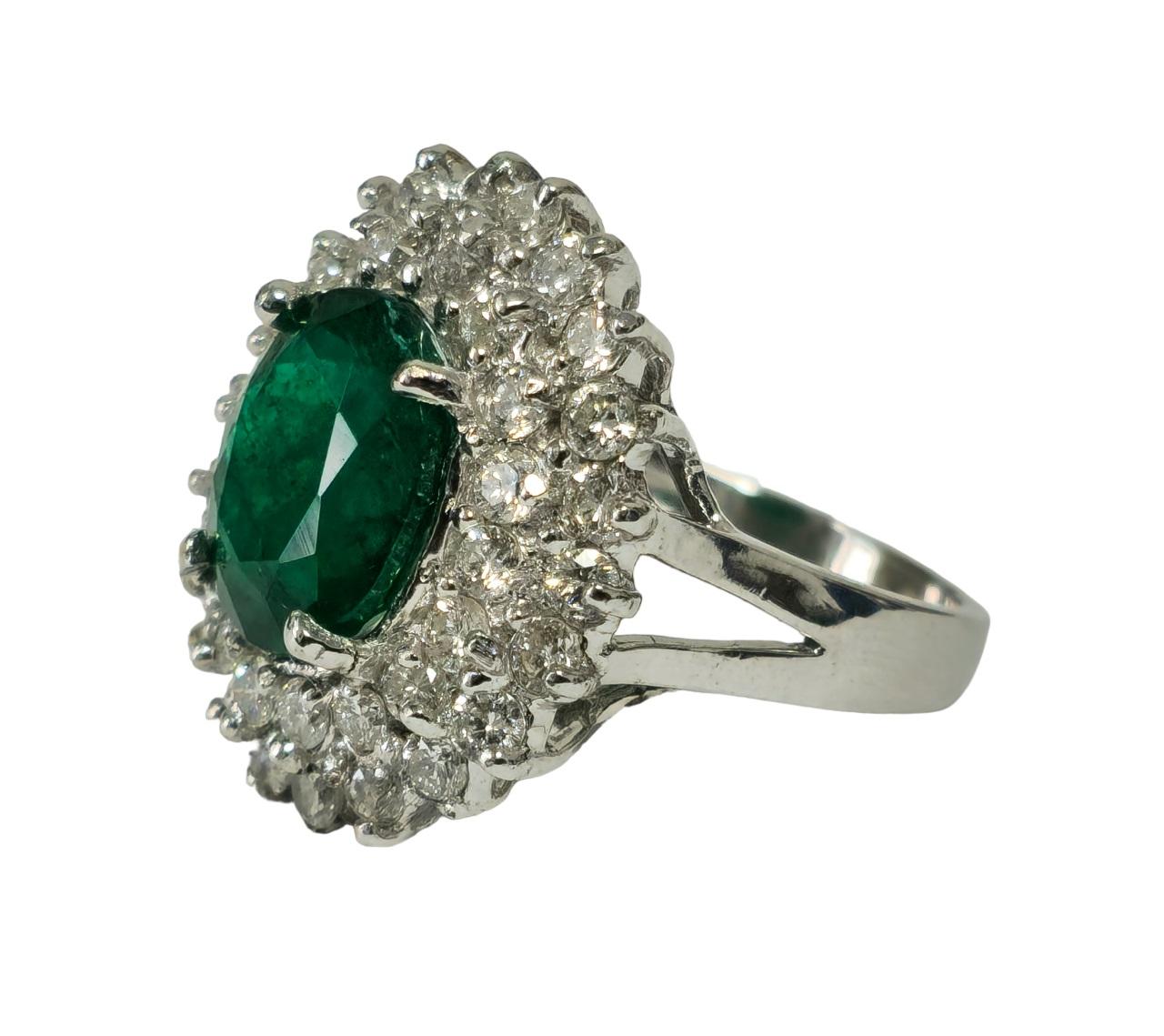 Medieval GIA 14K White Gold Emerald Diamond Cocktail Ring For Sale