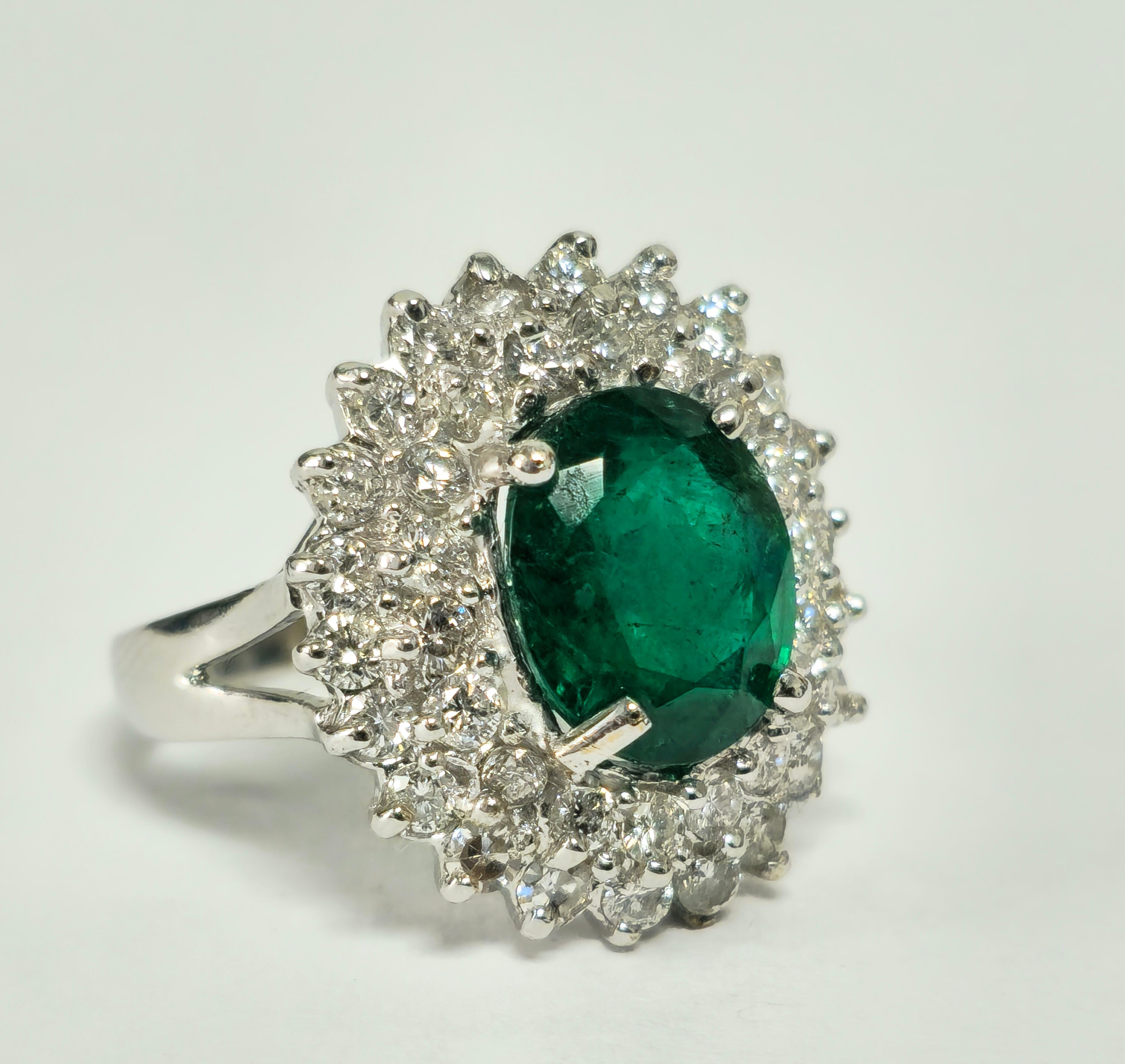 Women's GIA 14K White Gold Emerald Diamond Cocktail Ring For Sale