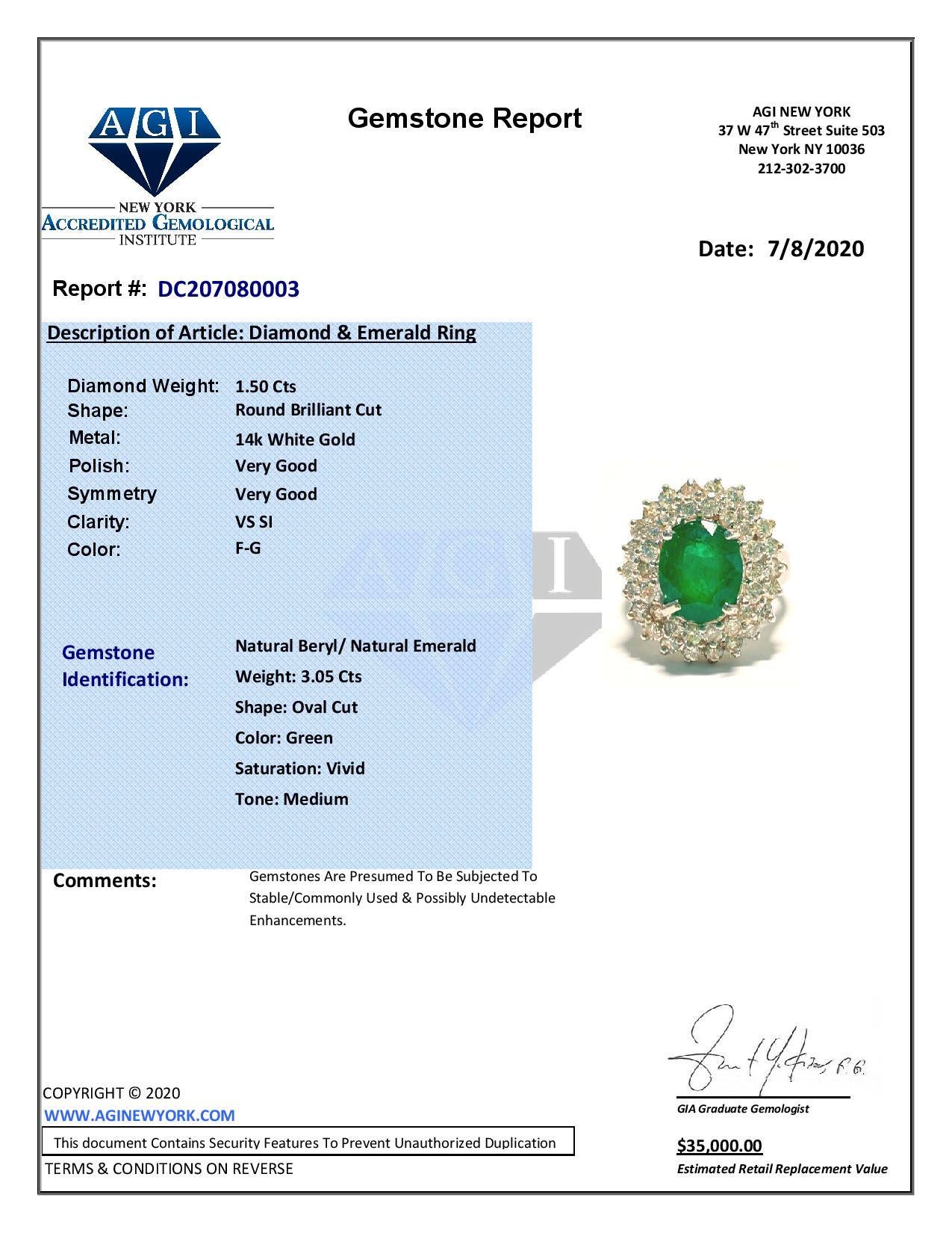 Women's GIA 14K White Gold Emerald Diamond Cocktail Ring For Sale