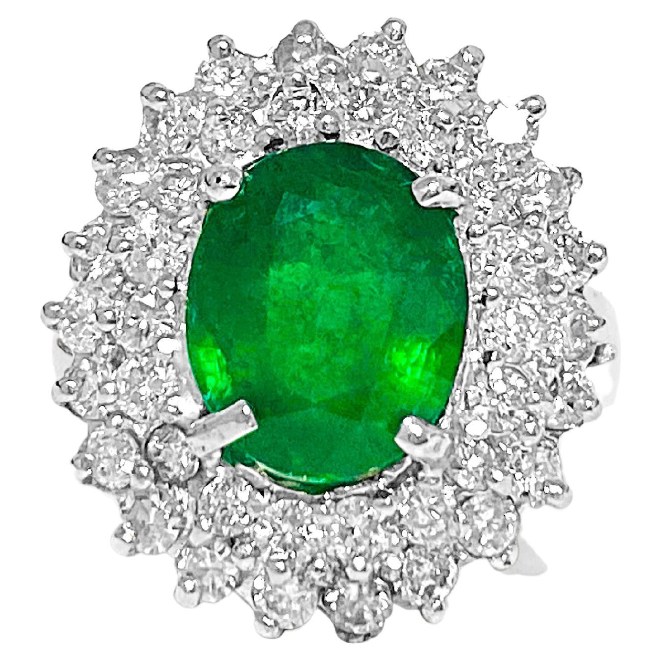 GIA 14K White Gold Emerald Diamond Cocktail Ring