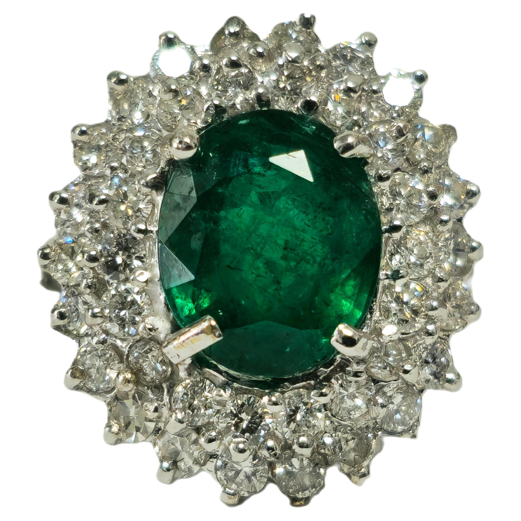 GIA 14K White Gold Emerald Diamond Cocktail Ring For Sale
