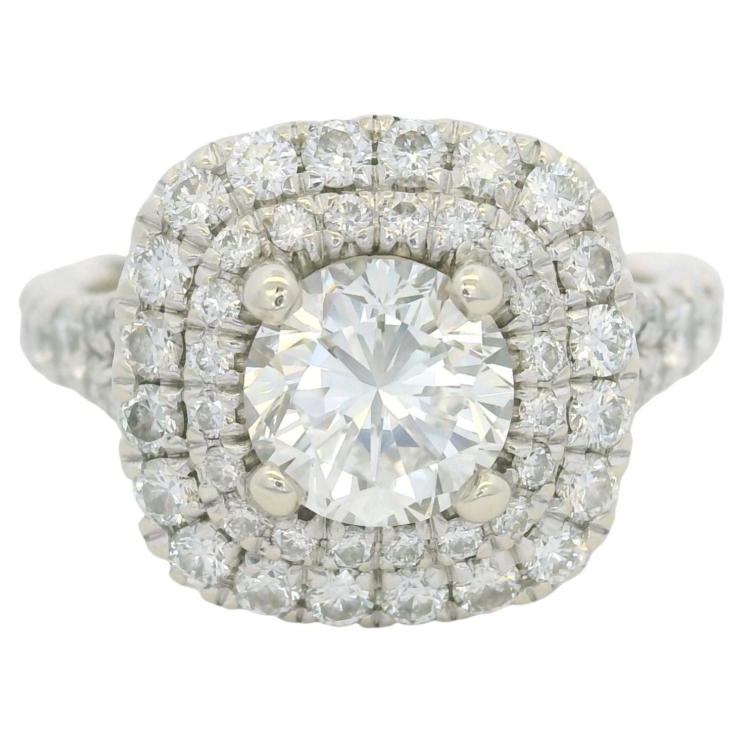 GIA 14k White Gold Natural Round Brilliant Diamond Double Halo Engagement Ring
