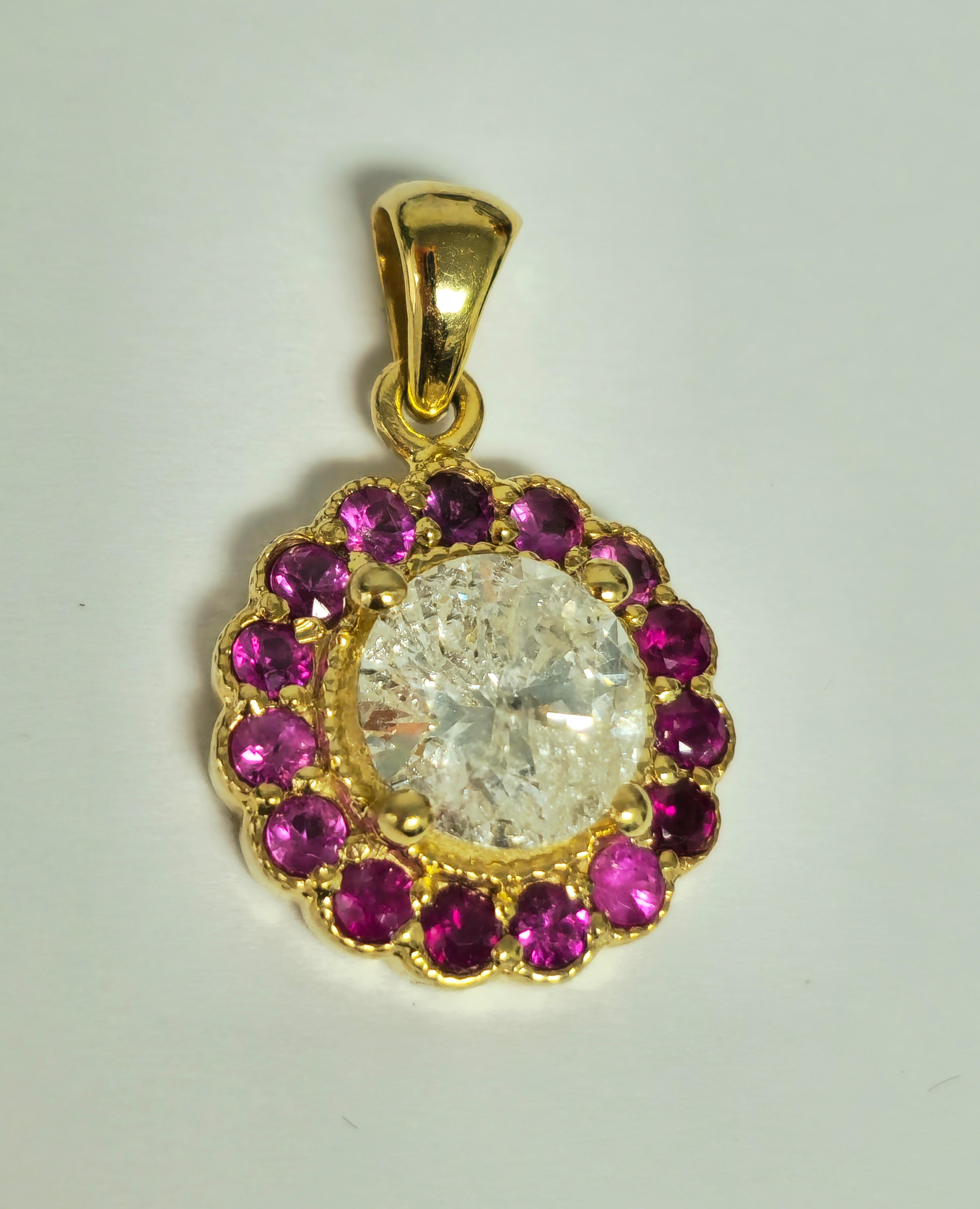 Round Cut (GIA) 14K Yellow Gold, Diamond and Burma Ruby Pendant For Sale