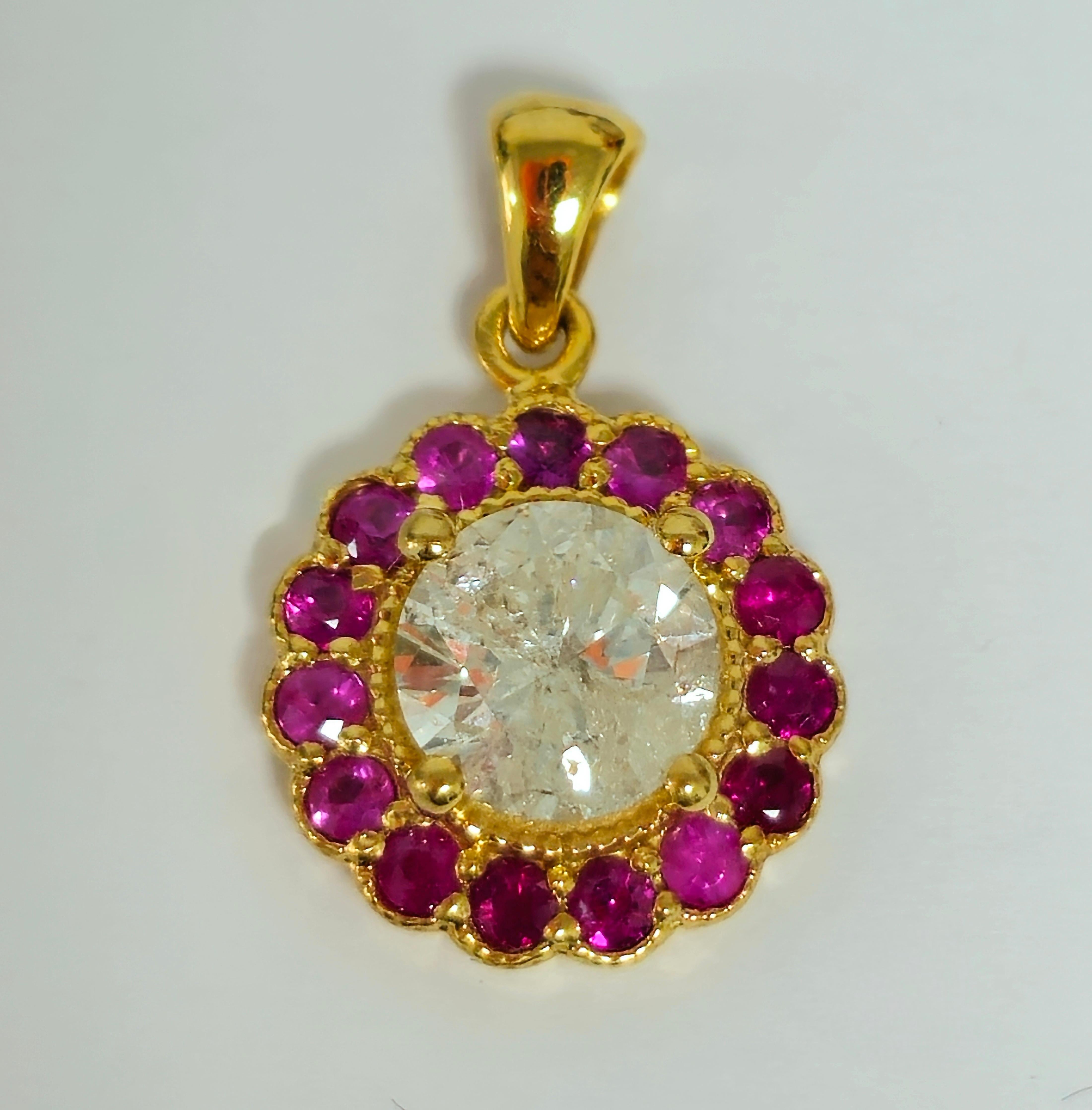 (GIA) 14K Yellow Gold, Diamond and Burma Ruby Pendant In Excellent Condition For Sale In Miami, FL