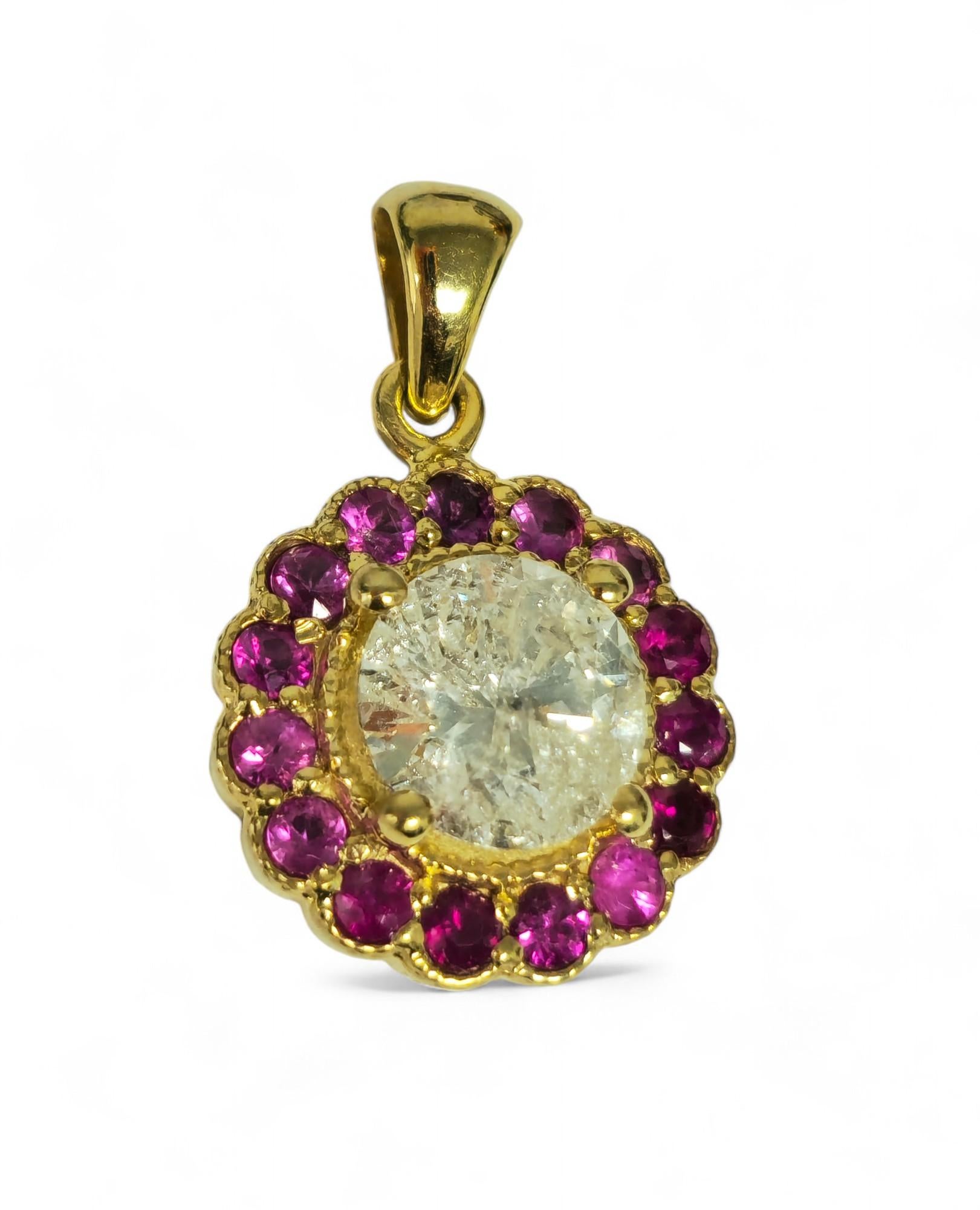 (GIA) Colgante de oro amarillo de 14 quilates, diamante y rubí de Birmania en Excelente estado para la venta en Miami, FL
