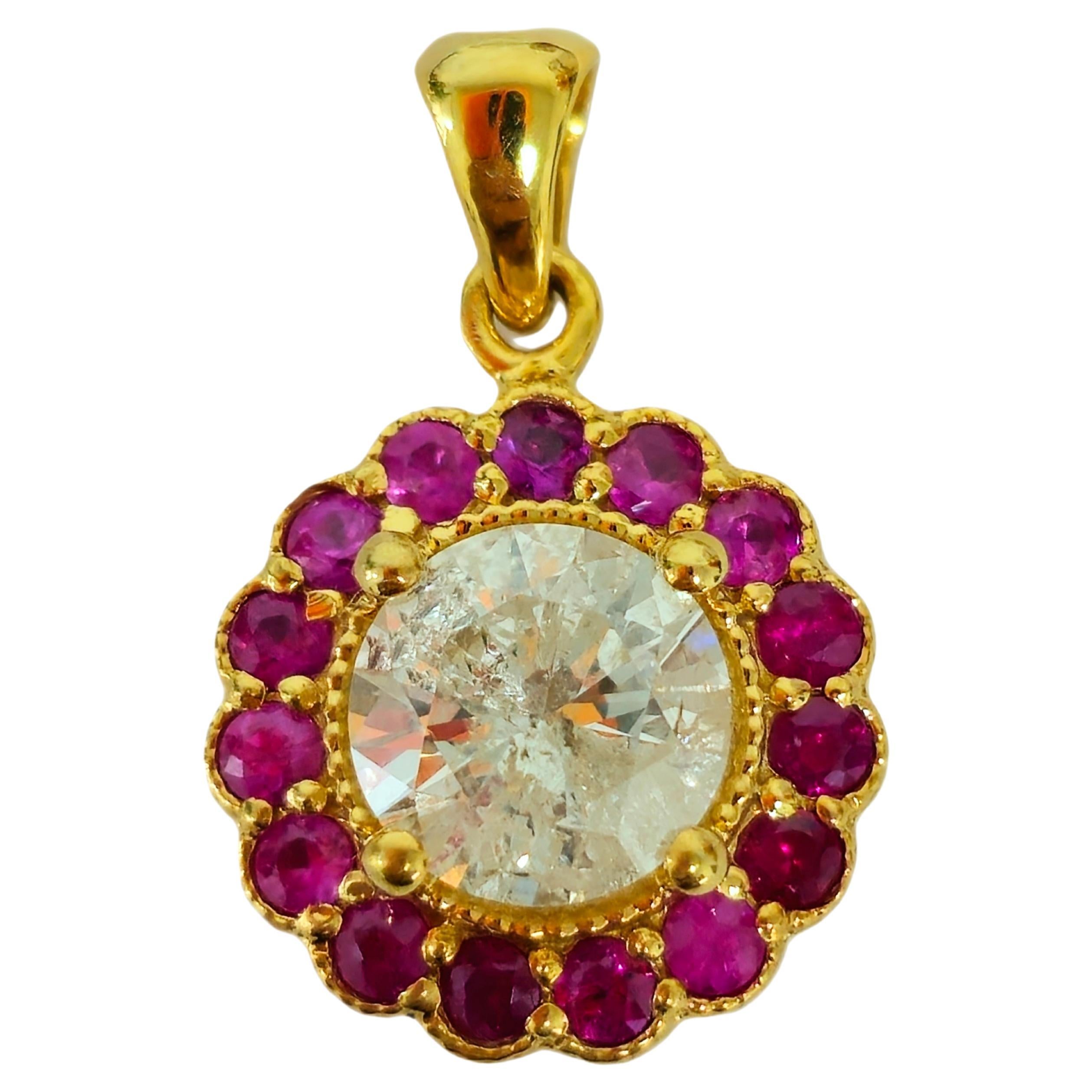 (GIA) 14K Yellow Gold, Diamond and Burma Ruby Pendant For Sale
