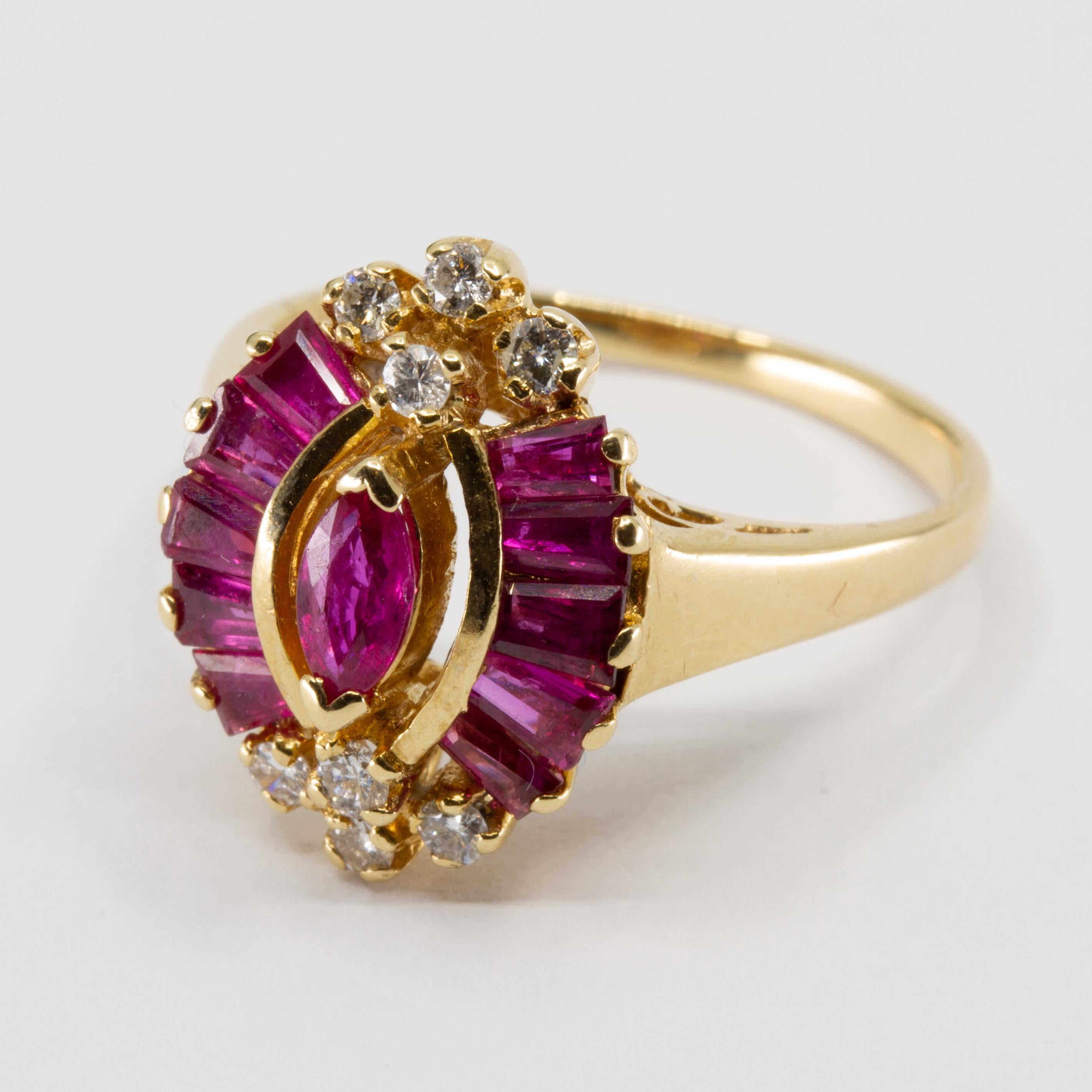 14k yellow gold diamond and ruby ring size 6.25 Circa 1990. Weighs 2.3dwt This lot is accompanied by a GIA appraiser letter from an independent and well respected  firm established over 75 years ago.

CENTER STONES
Count: 1
Type: Ruby
Shape: