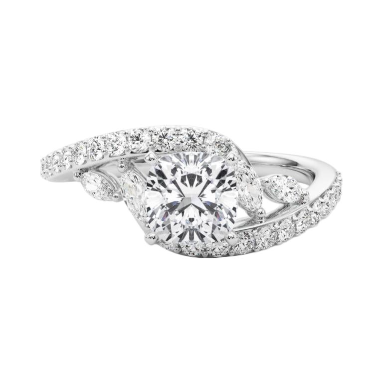 Bague en or blanc GIA 1,5 carat Cushion Curved Bypass Leaf & Vine 18K Diamond Ring