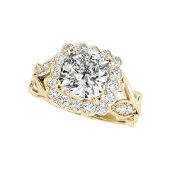 GIA 1,5 Carati Cuscino Quadrato Halo Vintage Vine Anello con Diamante in Oro Giallo 18K