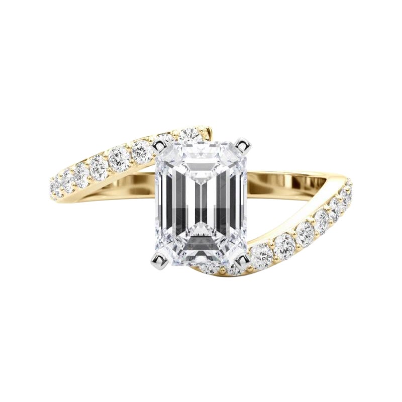 GIA 1,5 Karat Smaragd gebogen Bypass Pave Shank 18K Gelbgold Diamant Ring