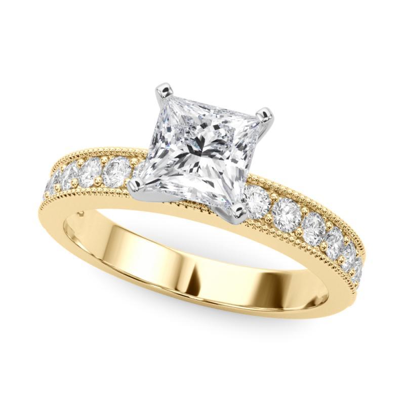 Taille princesse GIA 1.5 Carat Princesse Vintage Milgrain Channel Bague diamant en or jaune 18K en vente
