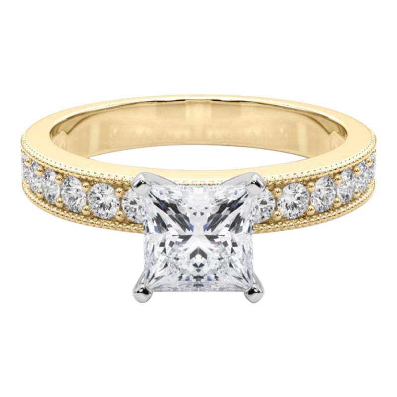 GIA 1,5 Carat Princess Vintage Milgrain Channel Anello con diamanti in oro giallo 18K