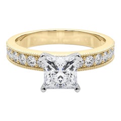 GIA 1,5 Carat Princess Vintage Milgrain Channel Anello con diamanti in oro giallo 18K