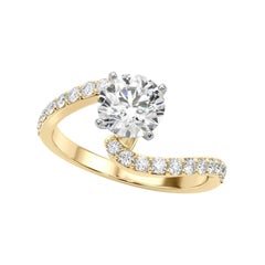GIA 1.5 Carat Round Curved Bypass Pave Shank 18K Yellow Gold Diamond Ring