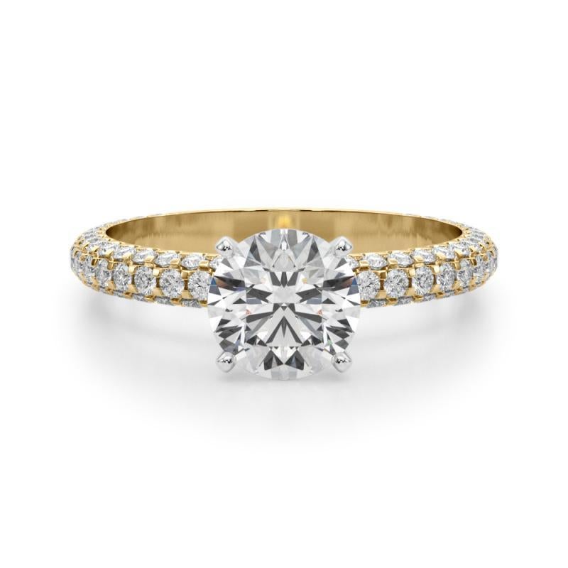 GIA 1.5 Carat Round Multi-Row Pave & Solitaire 18K Yellow Gold Diamond Ring Neuf - En vente à New York, NY