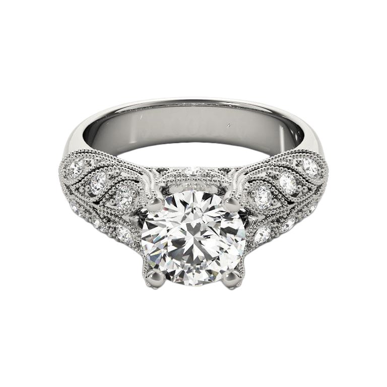 GIA 1.5 Carati Rotondo Vintage con Pave a Grana Foglie  Anello con diamante