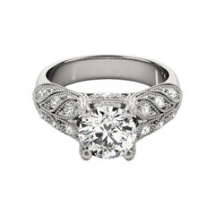 GIA 1.5 Carat Round Vintage Milgrain Pave Leaf  Diamond Ring