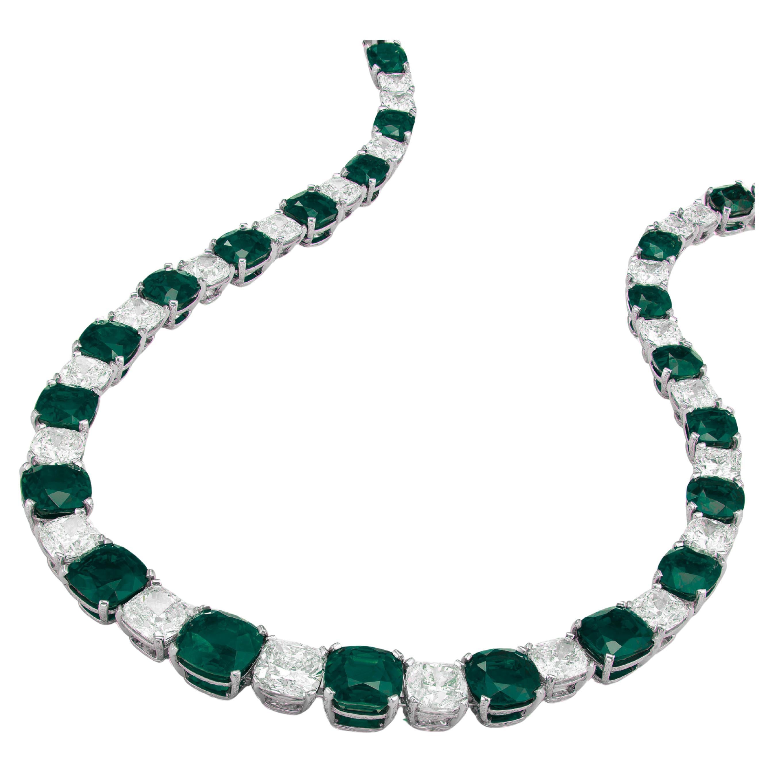 Twenty-one cushion-shaped emeralds from 10 to 3 carats each, twenty-three cushion-shaped diamonds from 4 to 1 carats, 

 Approx 100 carats total of emeralds
 10 to 3 carats, green emeralds
Gübelin, 2018, report no. 18091097 and 21 individual