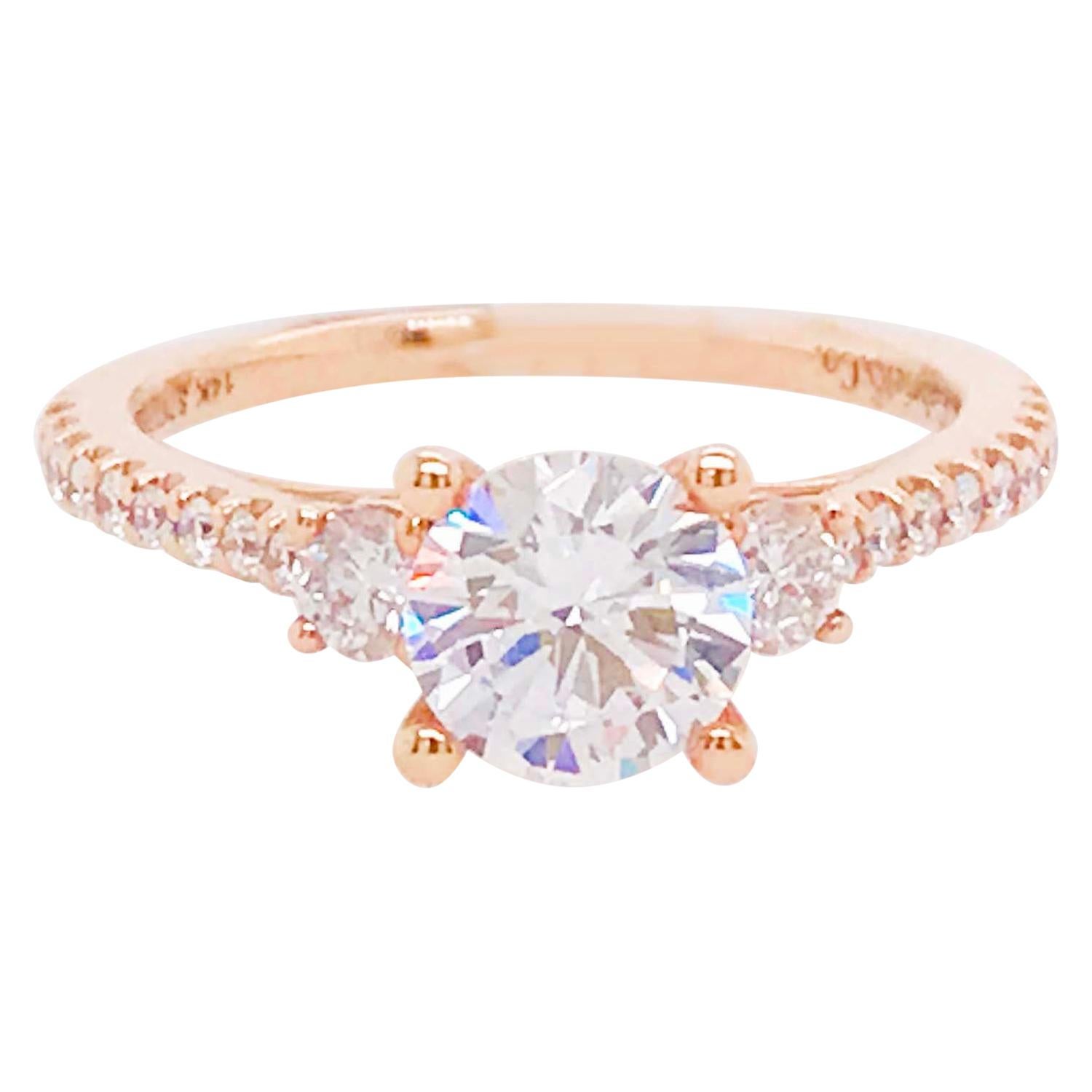GIA 1.50 Carat Diamond Three-Stone Engagement Ring, Round Diamond Rose Gold Ring