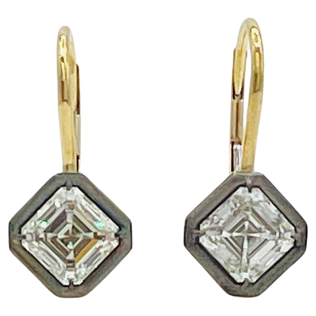 GIA 1.50 Carat Each Asscher Diamond Dangle Earrings in Black Rhodium and 18K