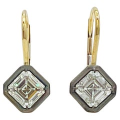 GIA 1.50 Carat Each Asscher Diamond Dangle Earrings in Black Rhodium and 18K