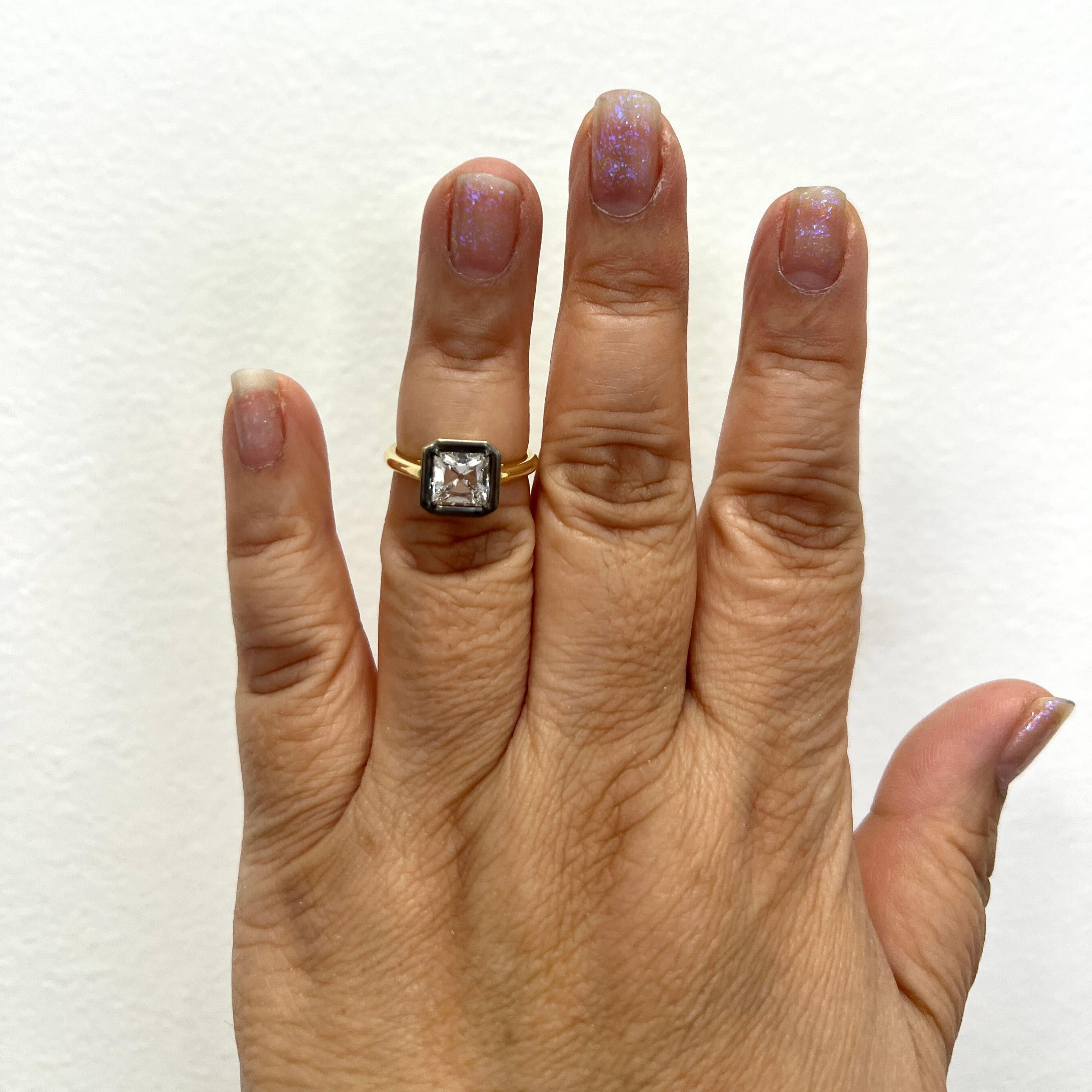 Beautiful 1.51 ct. F VS2 white diamond French cut.  Handmade in 18k yellow gold and black rhodium.  Ring size 6.  Comes with GIA certificate.