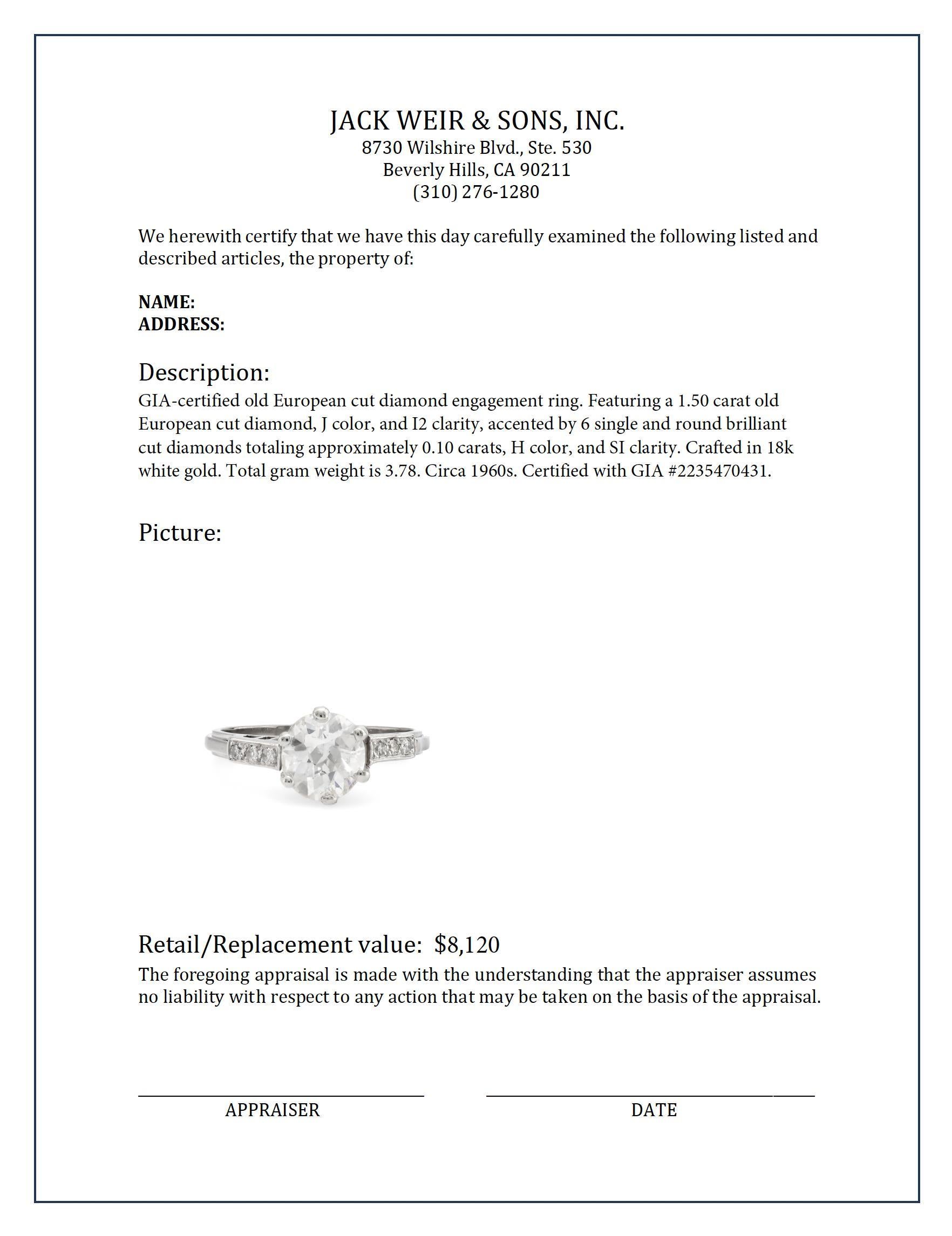 Women's or Men's GIA 1.50 carat old European cut diamond 18k white gold engagement ring