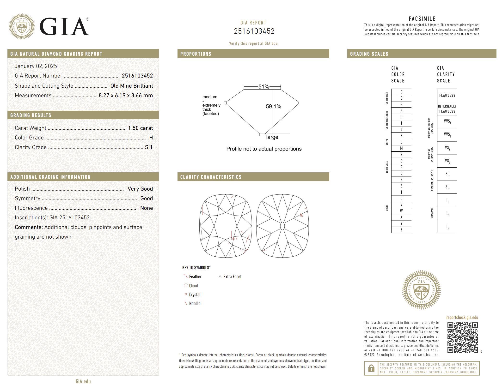 GIA 1,50 quilates de diamante talla mina antigua Anillo de compromiso de oro blanco de 18 quilates en venta 1