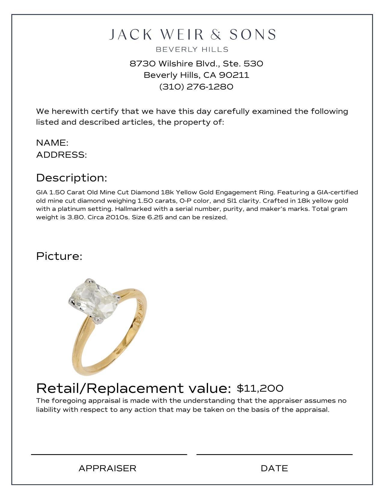 Verlobungsring aus 18 Karat Gelbgold mit GIA 1,50 Karat Diamant im alten Minenschliff im Zustand „Hervorragend“ im Angebot in Beverly Hills, CA