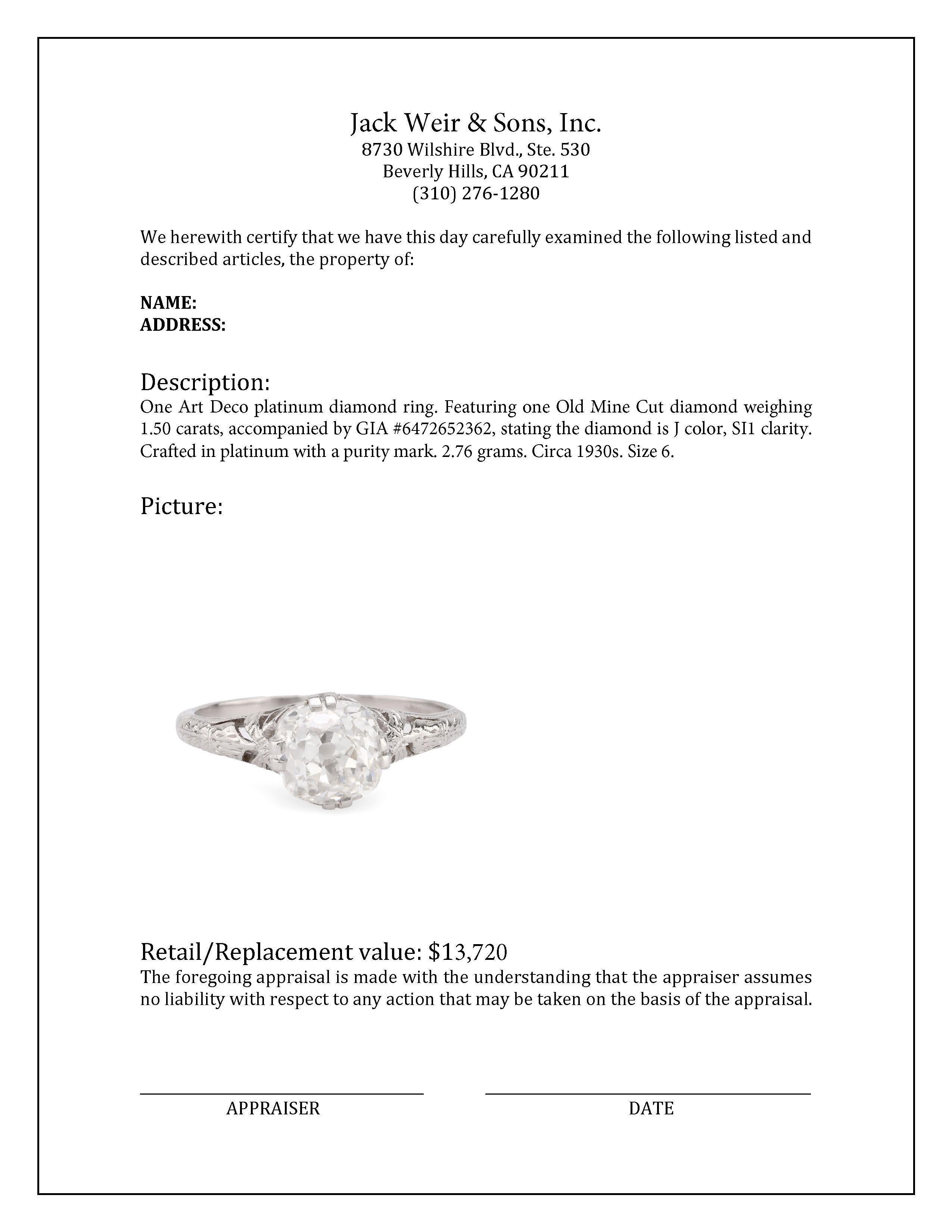 GIA 1.50 carat old mine cut diamond platinum filigree engagement ring In Excellent Condition For Sale In Beverly Hills, CA