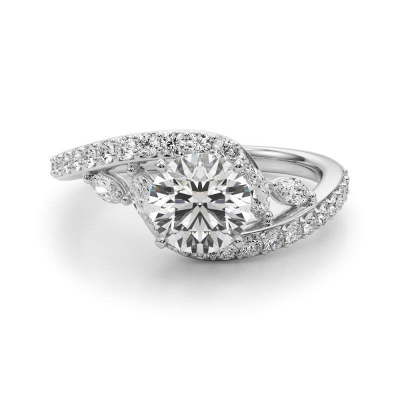 GIA 1,50 Carati Round Curved Bypass Leaf & Vine Anello di diamanti in oro bianco 18K in vendita 1