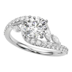 GIA 1,50 Carati Round Curved Bypass Leaf & Vine Anello di diamanti in oro bianco 18K