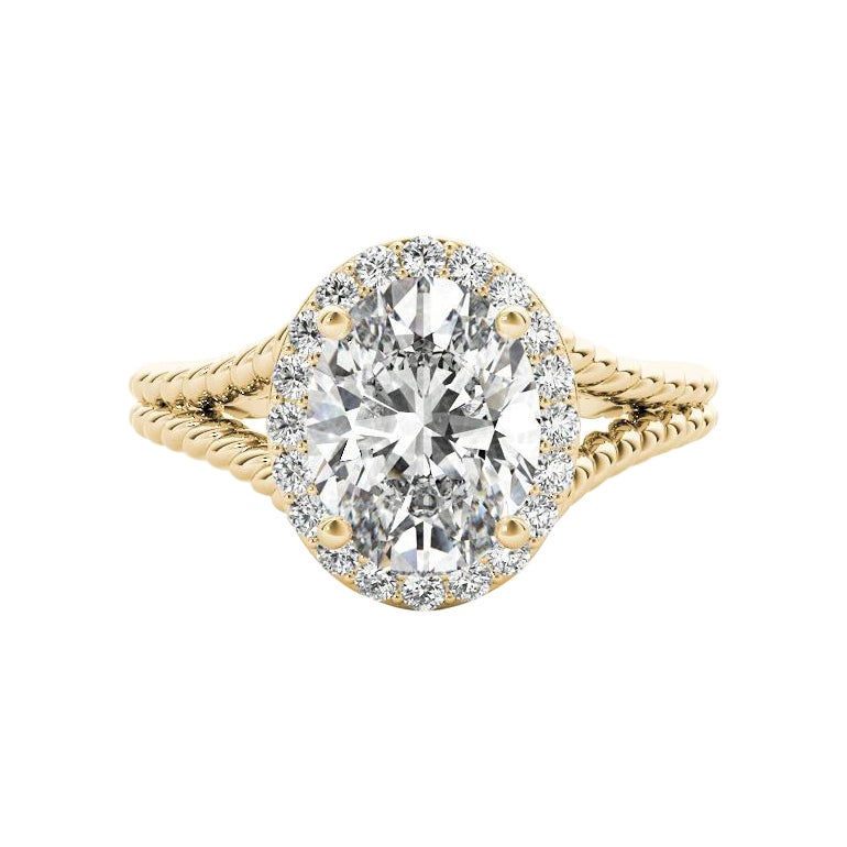 GIA 1,50 Carati Corda ritorta Split Shank Anello con diamante ovale aureolato in oro giallo 18K
