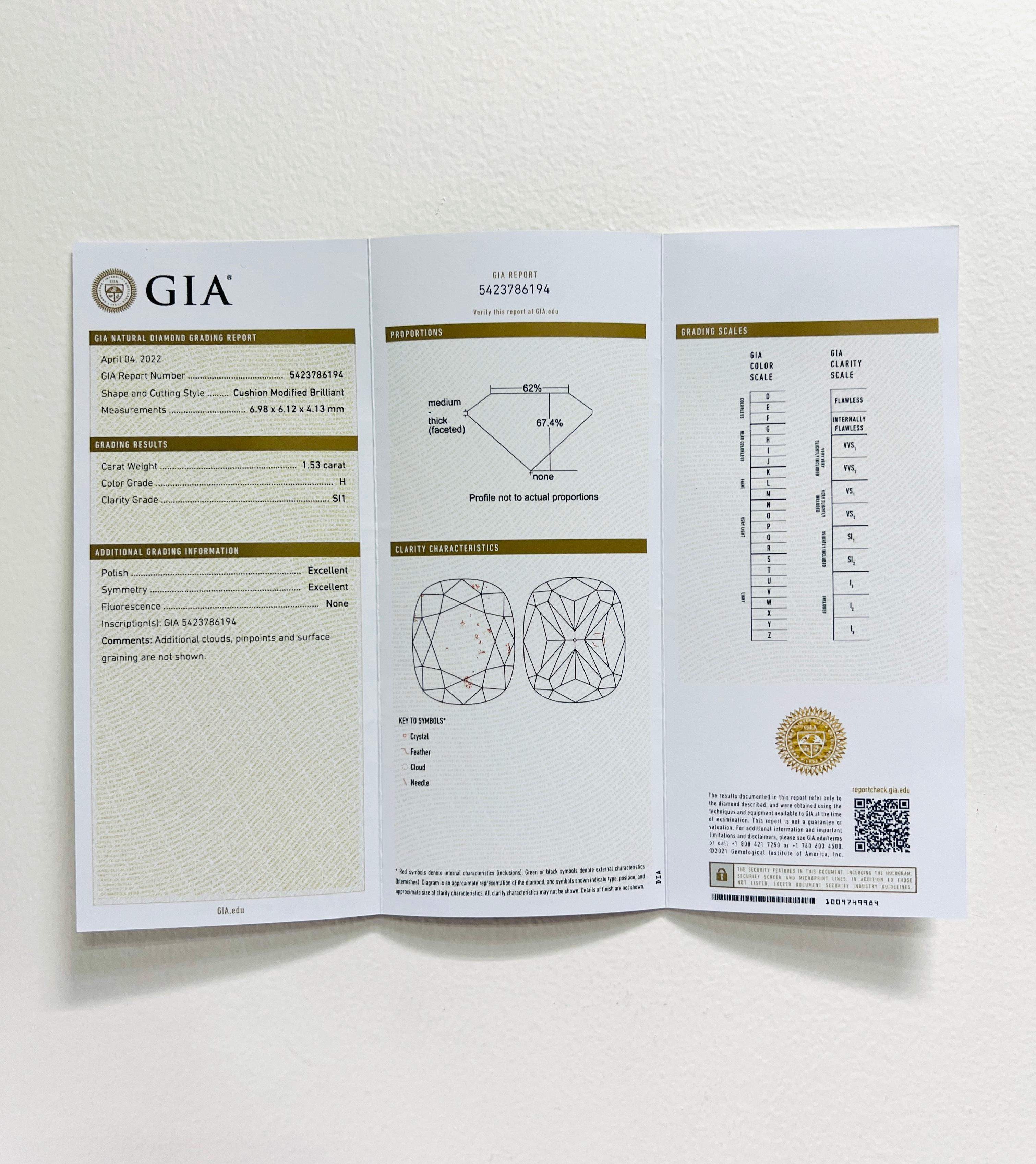 GIA 1.50 Carat White Cushion Diamond Ring in 14K Yellow Gold For Sale 4